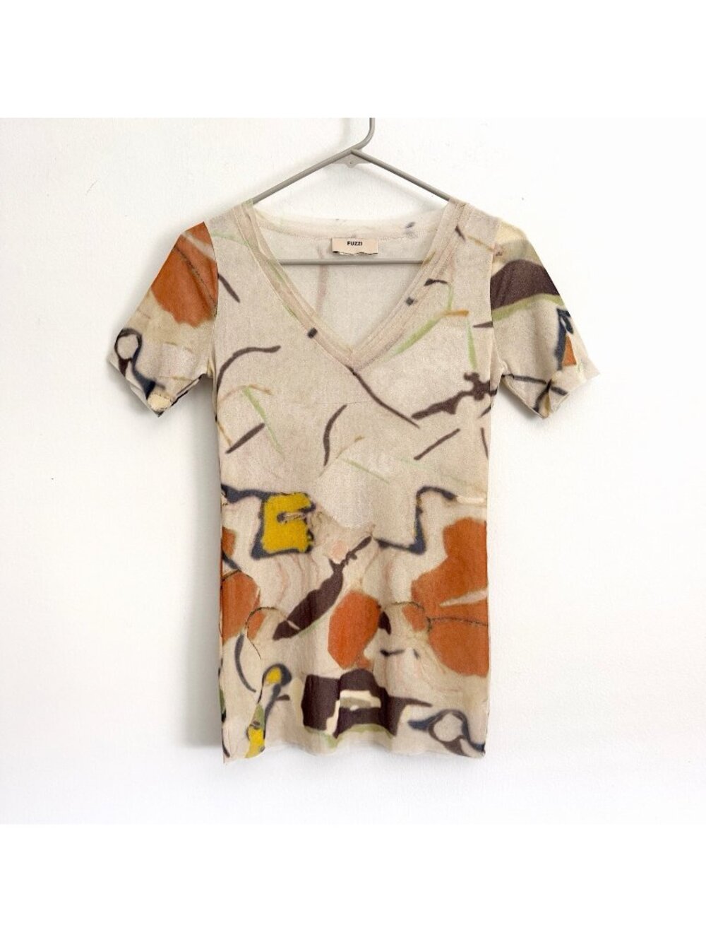 Fuzzi Italy Jean Paul Gaultier Beige Abstract Mesh Short Sleeve Top Size Large